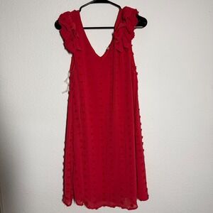 Jodifl Mini Dress Womens Large Red Swiss Dot Lined Ruffle Sleeveless V Neck